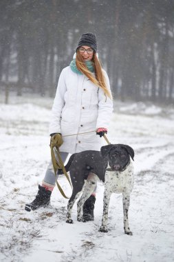 bir köpek işaretçi bir kız kış aylarında yürür..