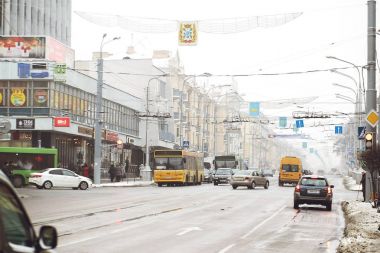 Gomel, Belarus - 19 Ocak 2018: Rating Rating Lenin Caddesi kış.