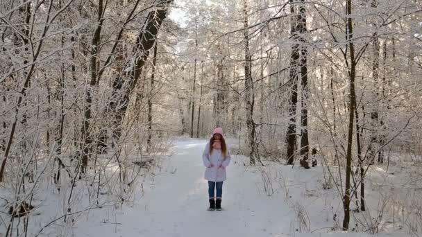 ピンクの帽子とミトン冬雪に覆われた森の中で美しい少女 — ストック動画