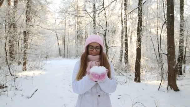 Beautiful Girl Pink Hat Mittens Winter Snowy Forest — Stock Video