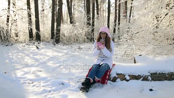 Beautiful Girl Pink Hat Mittens Winter Snowy Forest Drinking Tea — Stock Video