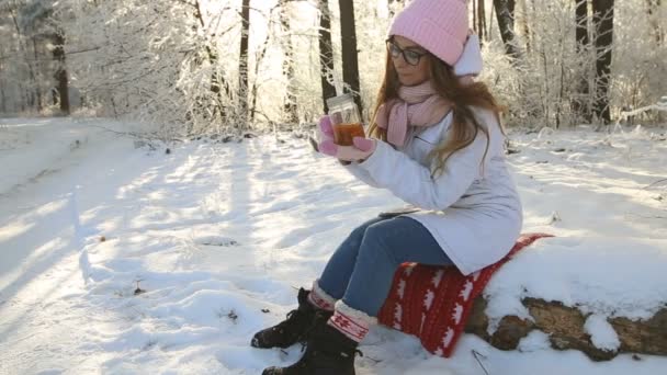 Beautiful Girl Pink Hat Mittens Winter Snowy Forest Drinking Tea — Stock Video