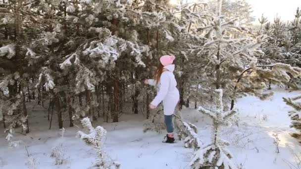 美丽的女孩在一个粉红色的帽子和手套在冬天的雪林 — 图库视频影像