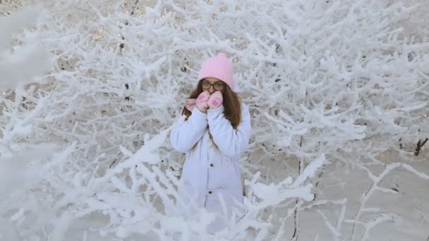 Красивая Девушка Розовой Шляпе Варежки Зимнем Снежном Лесу — стоковое видео