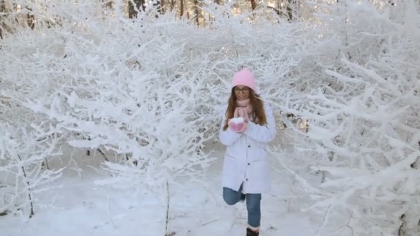 Belle Fille Dans Chapeau Rose Mitaines Dans Une Forêt Enneigée — Video