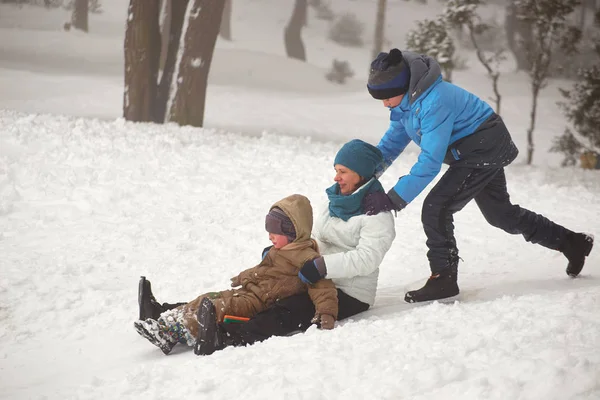 Belarus, Grodno, Lake Molochnoe in the winter. People sledding on the slides. — Stock Photo, Image