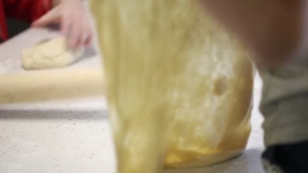Children Hands Knead Thin Dough Pizza — Stock Video