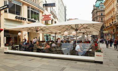 Vienna, Avusturya - 15 Nisan 2018: bir taksi şoförü bir at arabası ile iki at nalı içinde turistler şehre sürücüler.