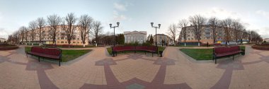 Gomel, Belarus - 29 Ekim 2019: Zafer Meydanı. Lenin 'den sonra isimlendirilen bölge kütüphanesi