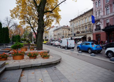 Lviv, Ukrayna - 9 Kasım 2019: Özgürlük Meydanı trafiği