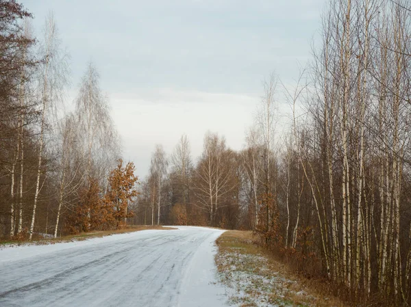 Το πρώτο χιόνι. Χειμερινό δάσος χιονισμένο λευκό δρόμο — Φωτογραφία Αρχείου