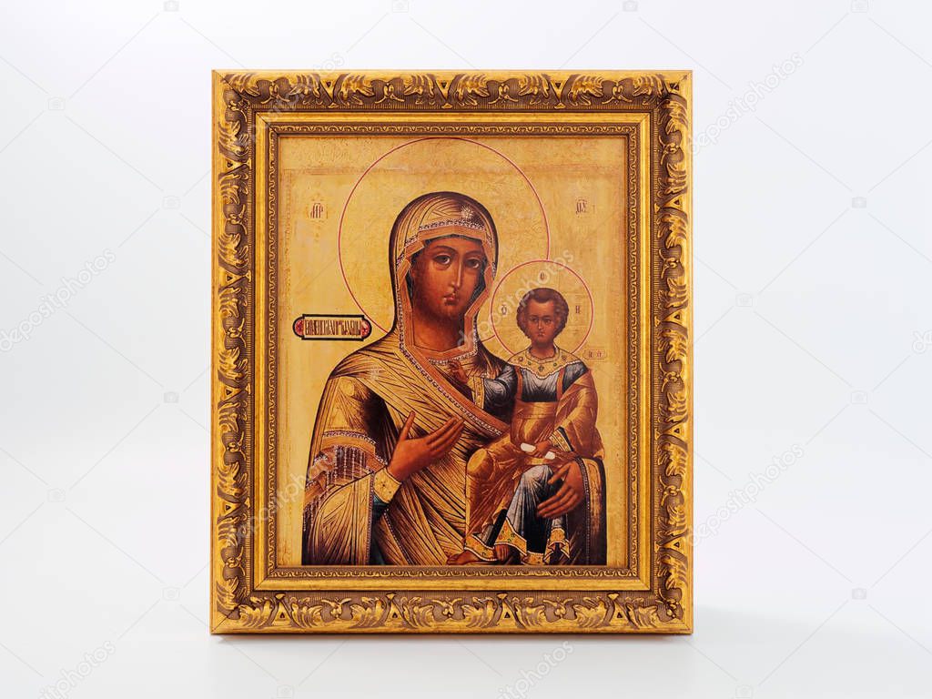 GOMEL, BELARUS - December 18, 2019: Icon of the Mother of God in a gold frame