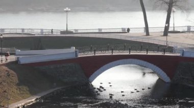 Ördeklerle gölde kambur köprü. Gomel, Belarus