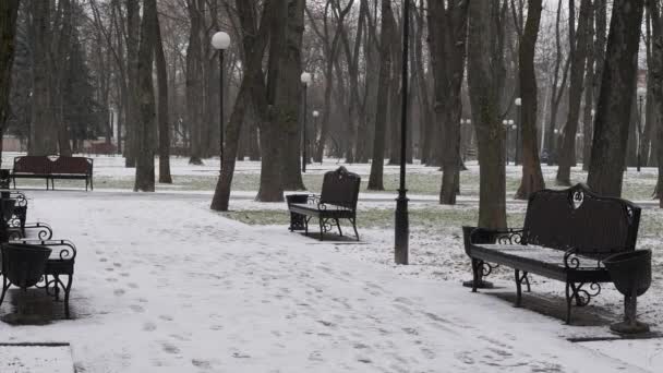 Bänke Auf Dem Platz Während Des Schneemomels Weißrussland — Stockvideo