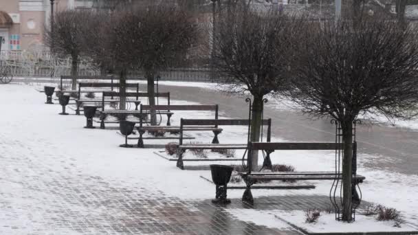 Παγκάκια Στην Πλατεία Κατά Διάρκεια Του Χιονιού Gomel Λευκορωσία — Αρχείο Βίντεο