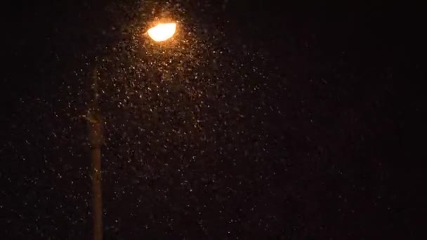 Schneefall Auf Einem Parkplatz Späten Abend Unter Einer Laterne — Stockvideo