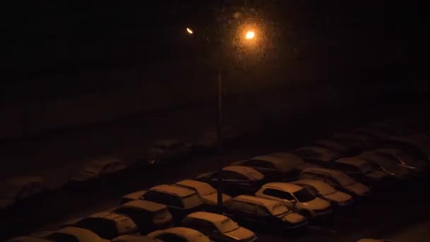 Opady Śniegu Parkingu Późnym Wieczorem Pod Latarnią — Wideo stockowe