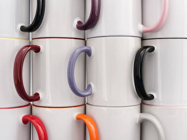 Farbige Tassen zur Sublimation in Komposition auf grauem Hintergrund — Stockfoto