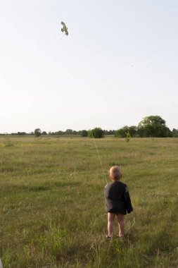 güçlü bir Rüzgar Uçurtma uçan. Arka planda bir uçurtma yüksek gökyüzünde uçar.