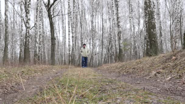 Giovane Uomo Che Cammina Tra Alberi Alti Nella Nebbiosa Foresta — Video Stock