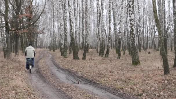 Guy Biking Path Wearing Blue Hoodie Autumn Acorns Colorful Leaves — Stock Video