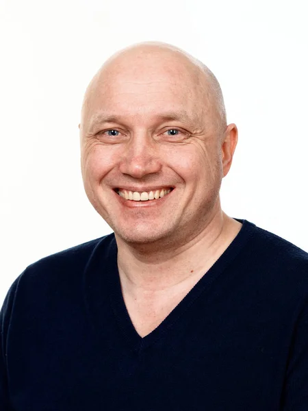 Portrait Bald Cheerful Man White Background 2020 — Stock Photo, Image