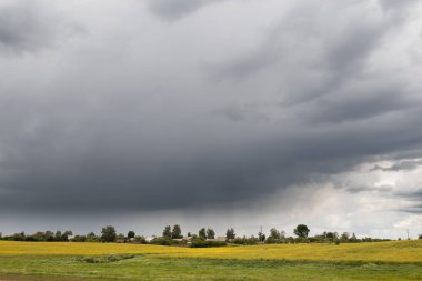 Gökyüzünde buğday tarlası üzerinde gök gürültülü bulutlar olan dramatik kırsal alan. Tarlada köy yolu