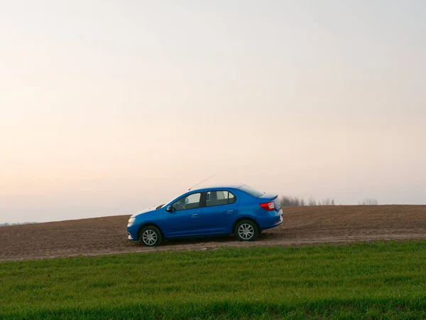 Gomel Fehéroroszország 2020 Április Kék Renault Logan Autó Egy Mezőn — Stock Fotó