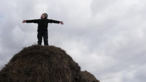 Niño juega con una pila de paja contra el cielo — Vídeos de Stock