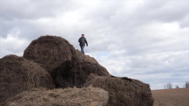 Barn leka med en hög halm mot himlen — Stockvideo