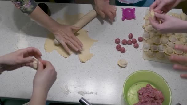 Família Faz Bolinhos Massa Carne — Vídeo de Stock