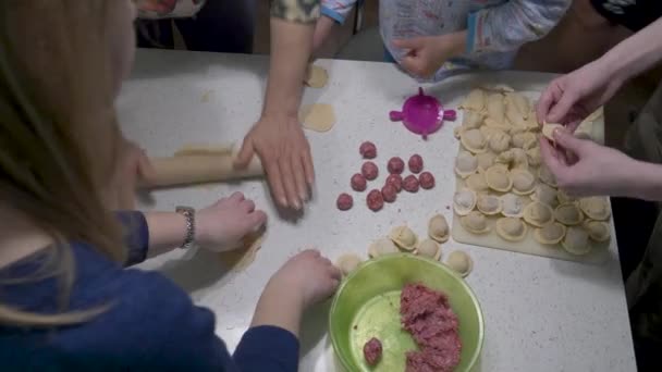 Familjen Gör Dumplings Deg Och Kött — Stockvideo