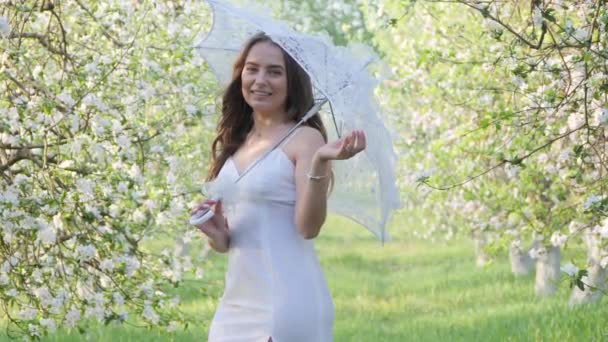 Flicka Med Ett Vitt Paraply Blommande Äppelträd Trädgården 2020 — Stockvideo