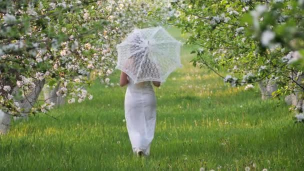 Meisje Met Een Witte Paraplu Bloeiende Appelbomen Tuin — Stockvideo