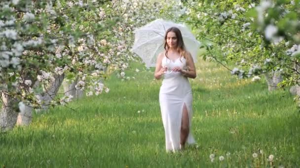 Menina Com Guarda Chuva Branco Árvores Maçã Florescendo Jardim — Vídeo de Stock