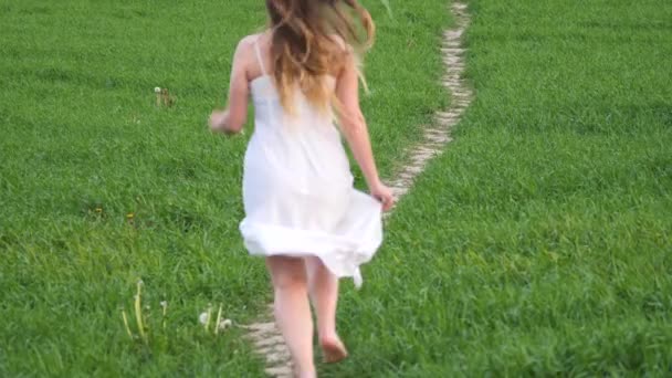 Menina Vestido Branco Longo Campo Verde — Vídeo de Stock