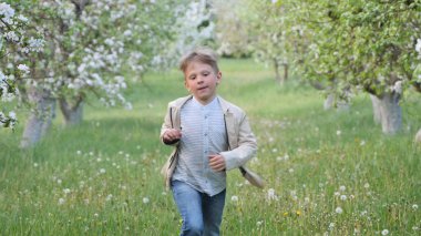 2020 'de bahçede çimlerin üzerinde çiçek açan elma ağaçlarının yanında bir çocuk.