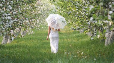 2020 bahçesinde çiçek açan elma ağaçlarında beyaz şemsiyeli bir kız.