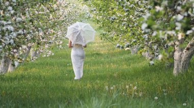 2020 bahçesinde çiçek açan elma ağaçlarında beyaz şemsiyeli bir kız.
