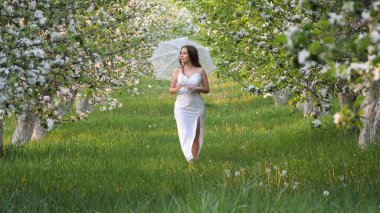 2020 bahçesinde çiçek açan elma ağaçlarında beyaz şemsiyeli bir kız.
