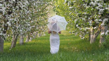 2020 bahçesinde çiçek açan elma ağaçlarında beyaz şemsiyeli bir kız.
