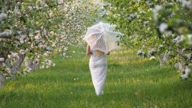 2020 bahçesinde çiçek açan elma ağaçlarında beyaz şemsiyeli bir kız.