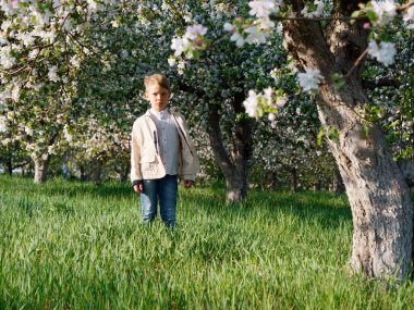 2020 'de bahçede çimlerin üzerinde çiçek açan elma ağaçlarının yanında bir çocuk.