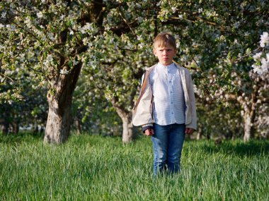 2020 'de bahçede çimlerin üzerinde çiçek açan elma ağaçlarının yanında bir çocuk.