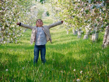 2020 'de bahçede çimlerin üzerinde çiçek açan elma ağaçlarının yanında bir çocuk.