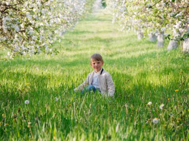 2020 'de bahçede çimlerin üzerinde çiçek açan elma ağaçlarının yanında bir çocuk.