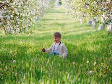 2020 'de bahçede çimlerin üzerinde çiçek açan elma ağaçlarının yanında bir çocuk.