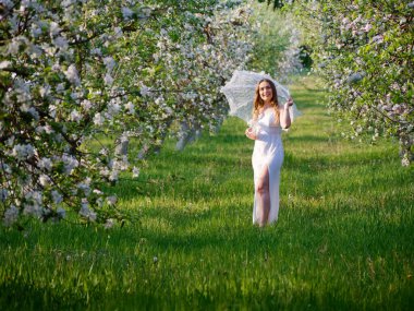 2020 bahçesinde çiçek açan elma ağaçlarında beyaz şemsiyeli bir kız.