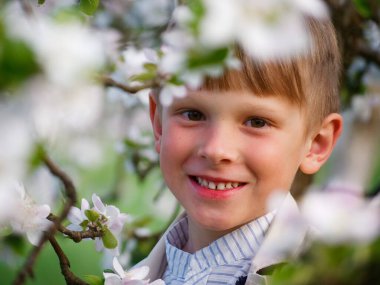 2020 'de bahçede çimlerin üzerinde çiçek açan elma ağaçlarının yanında bir çocuk.