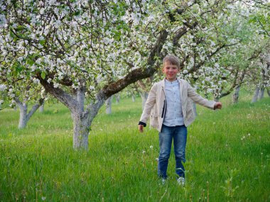 2020 'de bahçede çimlerin üzerinde çiçek açan elma ağaçlarının yanında bir çocuk.